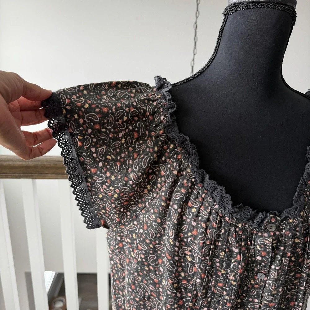 Lucky Brand NWT Cottage Goth L Boho Hippie Floral Front Button Eyelet Trim Top - Picture 2 of 10